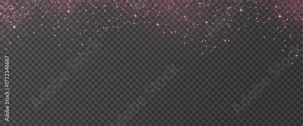 Obraz Rose gold glitter background. Shimmer pink golden spray effect for Christmas celebration banners. Festive particles border isolated on dark background. Vector xmas overlay illustration.