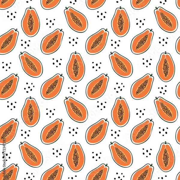 Fototapeta White seamless pattern with hand drawn orange papaya halves