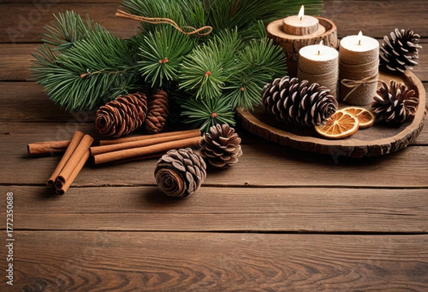 Fototapeta Rustic wooden table with handmade Christmas decorations, pine cones, and cinnamon sticks