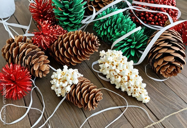 Fototapeta DIY kids' Christmas decorations: painted pine cones, popcorn strings, and paper chains