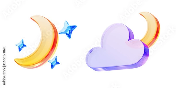 Obraz Weather forecast 3d render icon set. Yellow crescent with blue crystal stars, bright moon shining behind of glass holographic cloud. Clear night sky elements for app or ui design