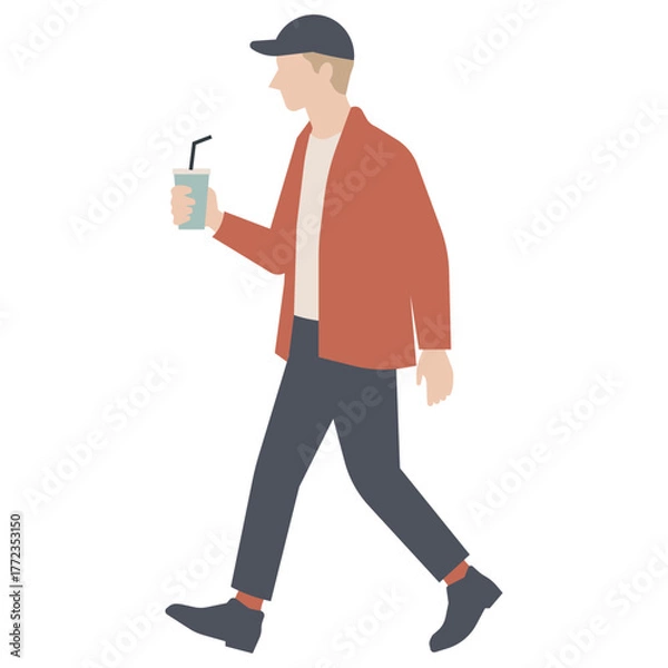 Obraz 水色のテイクアウトドリンクを持って歩く金髪の男性のイラスト