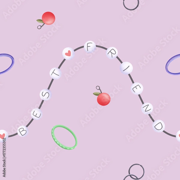 Fototapeta Seamless pattern with a friendship bracelet. Hand drawn on a purple background. Watercolor illustration in a simple, childish style.