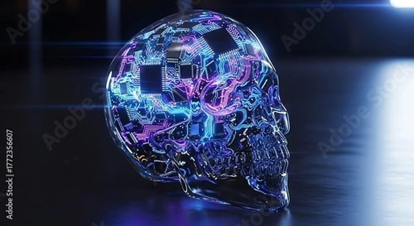 Obraz Concept image showing clear glass human skull filled with interconnected electronic circuits and microchips representing artificial intelligence mind