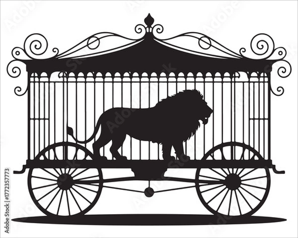 Obraz Silhouette of a majestic lion standing inside an ornate vintage circus cage wagon with decorative wheels and detailed iron bars, symbolizing strength, captivity, and classic entertainment history