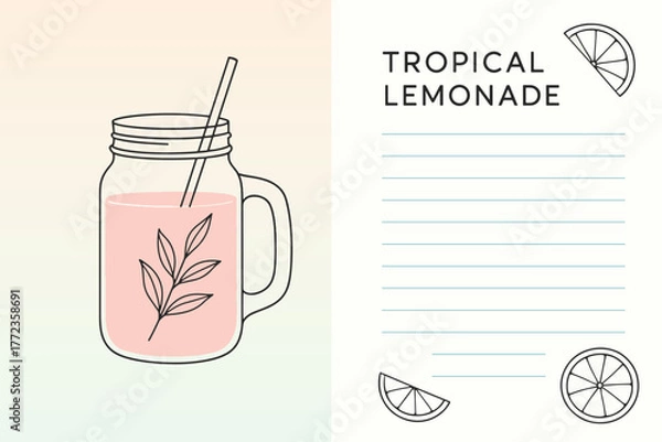 Obraz Refreshing pink lemonade drink in mason jar with straw, citrus fruits and leafy branches, pastel gradient background, summer beverage illustration, fresh and vibrant design.
