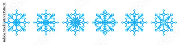 Fototapeta Geometric snowflakes set, icy winter background, snowfall, Christmas and New Year design elements for logos, holidays, winter decorations, advertising, presentations, festive vector illustration
