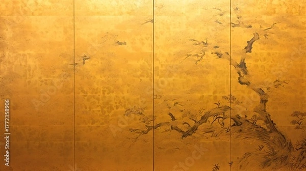 Obraz 桜の水墨画が描かれた古い金屏風