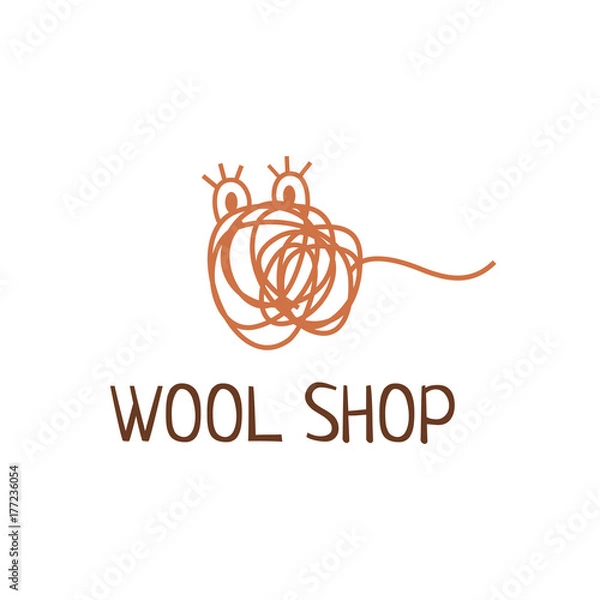 Fototapeta Vector logo template for wool shop. Brown tangle of thread with eyes. Creative logotype for woolen goods store. Handmade label. Hobby icon. EPS10.