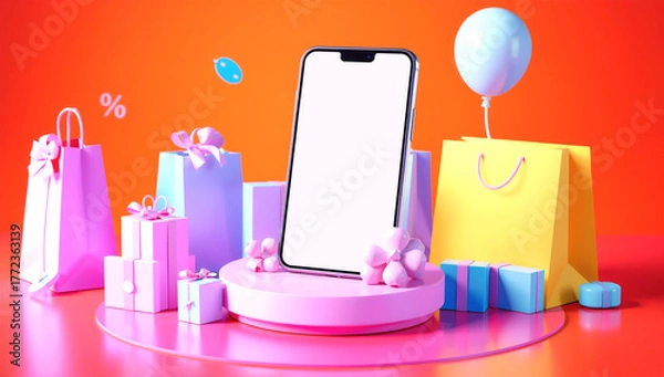 Obraz 3D Online Shopping Scene with Smartphone Mockup, Gift Boxes, and Balloons