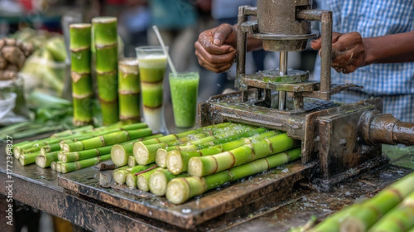 Obraz Fresh sugarcane juice being prepared at Cambodian street stall, showing local production and tropical refreshment concept