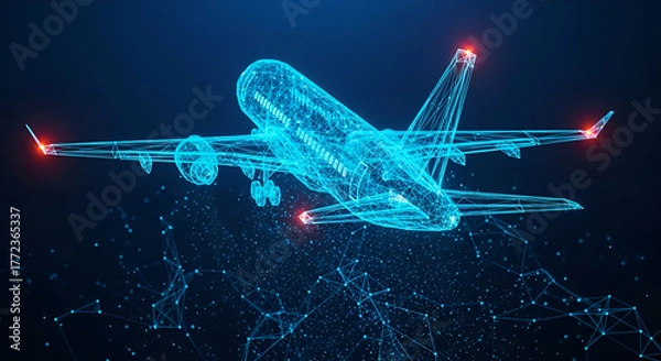 Obraz 3D Wireframe Airplane With Digital Network Connections