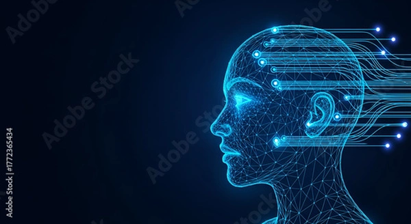 Fototapeta Wireframe Human Head with Digital Data Streams artificial intelligence