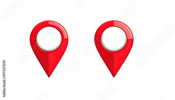 Fototapeta Two red location pins, shiny, with black circular centers