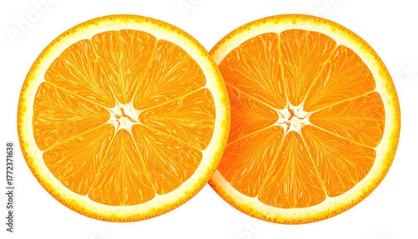 Fototapeta Two vibrant orange slices, revealing juicy pulp against black