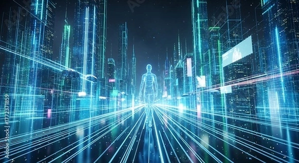Obraz Holographic Human In Digital Cityscape