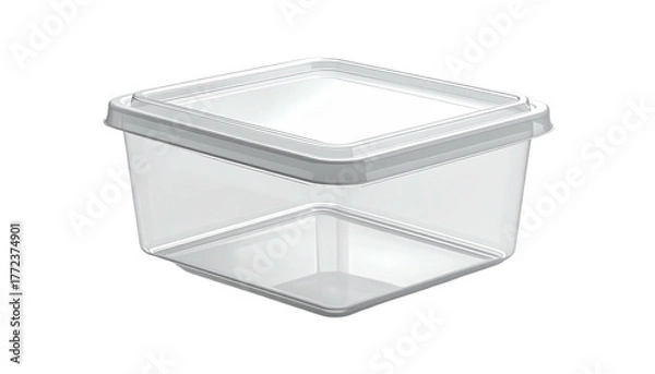 Obraz Clear, empty square plastic container with lid on black background