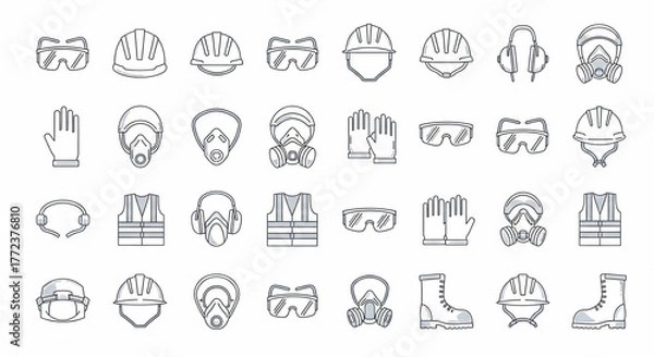 Fototapeta Outline illustration showcasing safety equipment icons arranged on a white background, conveying a protective mood with a clean and minimalist aesthetic.