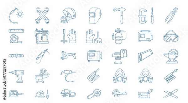 Obraz A collection of welding equipment icons in a line art style against a clean white background, conveying a technical and industrial theme.