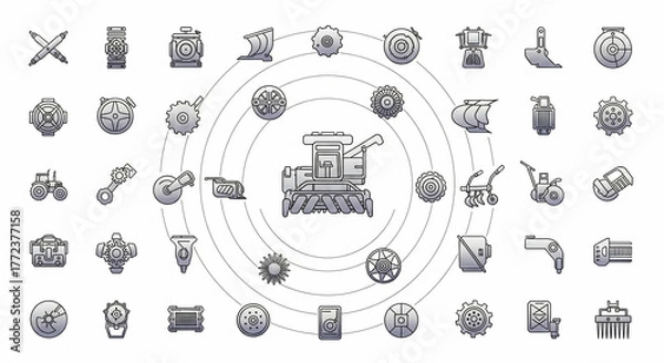 Fototapeta Overhead shot of a vintage-style harvester illustration surrounded by related icons, presented in monochrome against a clean white backdrop.
