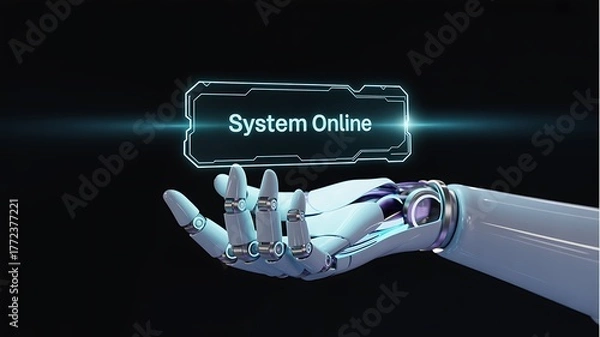 Fototapeta Futuristic robotic hand displaying a glowing holographic interface with the text system online against a dark abstract background
