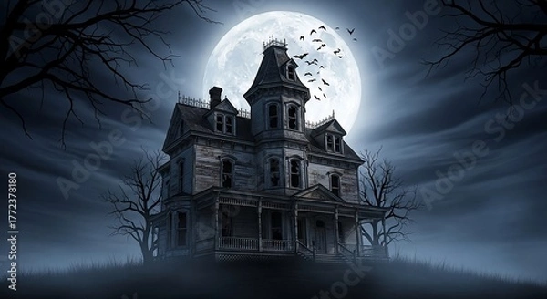 Fototapeta A spooky haunted mansion under a bright full moon surrounded by leafless trees
