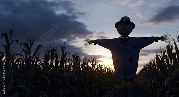 Fototapeta A scarecrow standing in a cornfield at sunset under a dramatic sky