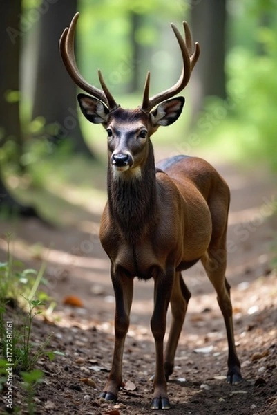 Fototapeta Deer s Vigilance Alertness in the Forest A graceful deer standing alert amidst a dense forest. Sunlight filters through the leaves, creating dappled patterns on the forest floor. The deer s ears are