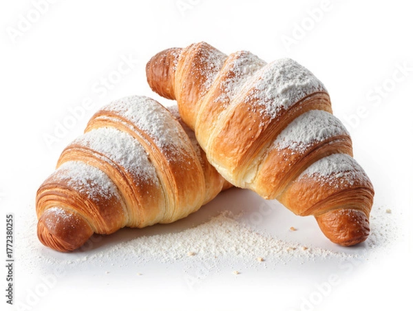Fototapeta two croissant sprinkled with powdered sugar isolated on white background