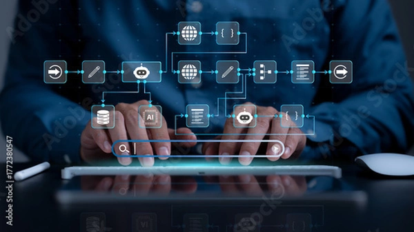 Fototapeta AI automation workflow diagram, artificial intelligence software interface nodes triggers data tool dashboard coding icon flow process technology. Ai agent and process flow on digital code background.