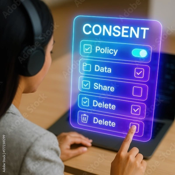 Fototapeta Digital consent management policy settings for data sharing and deletion office environment interactive technology user perspective
