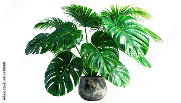 Obraz Lush Monstera plant in speckled pot against black background