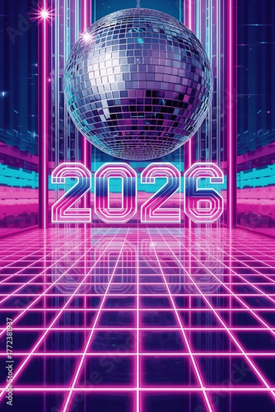 Obraz "Futuristic Neon Disco Ball 2026 – Retro 80s Synthwave Design"