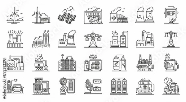 Fototapeta Line art illustration of power plants and energy sources in a minimalist style against a white background, conveying environmental awareness.
