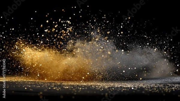 Fototapeta A vibrant explosion of golden and silver dust against a dark backdrop, creating a dynamic and visually captivating effect.