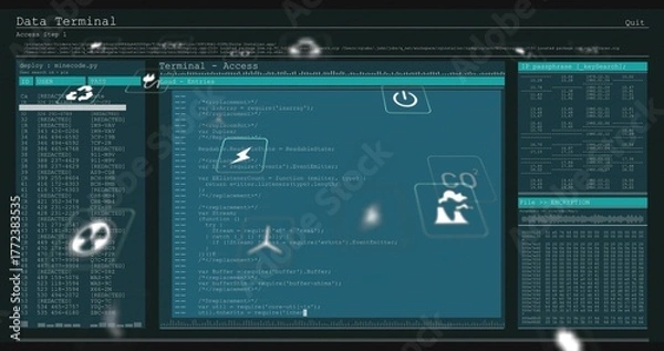 Fototapeta Rendering code editor showing JavaScript on screen with case list, key table, dump, floating icons