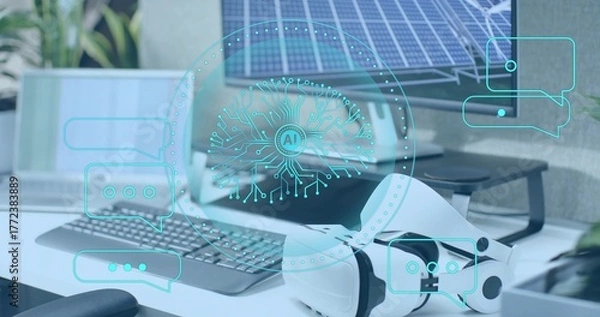 Fototapeta White VR headset projecting AI chat overlays on office desk, with keyboard mouse and solar monitor