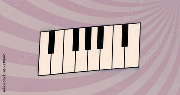 Fototapeta Floating piano panel tilting against pastel purple cream swirl backdrop, showing white black keys