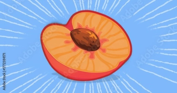 Fototapeta Floating halved peach revealing yellow flesh with pit against graphic blue backdrop with white rays