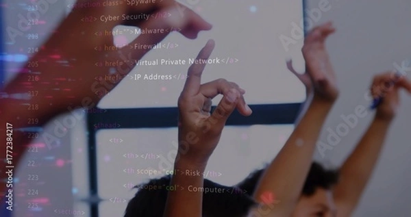 Obraz Raising three hands during IT training session, with code on projection screen and pen