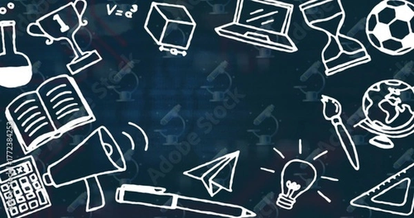 Fototapeta Featuring sketched science doodles filling frame on navy-blue board, with trophy, calculator