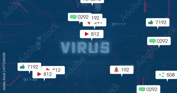 Fototapeta Displaying central 'VIRUS' text on blue circuit interface with notification icons