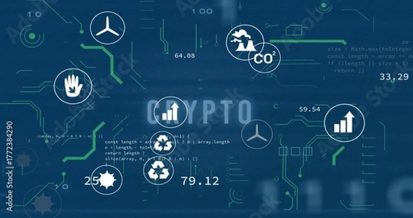 Obraz Displaying environmental crypto metrics in dashboard UI, with wind turbine and CO? factory icons