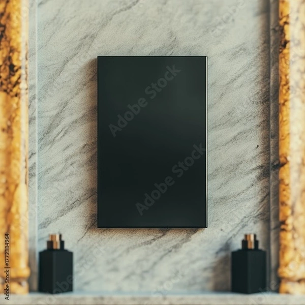 Fototapeta Elegant black framed artwork mockup on marble wall with luxury perfume bottles, perfect for interior design and branding