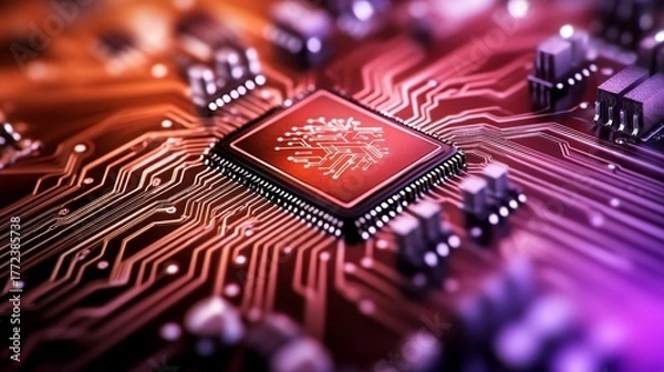 Fototapeta Stunning close-up of a modern computer chip with intricate design, perfect for tech innovation or futuristic concepts, showcasing advanced technology