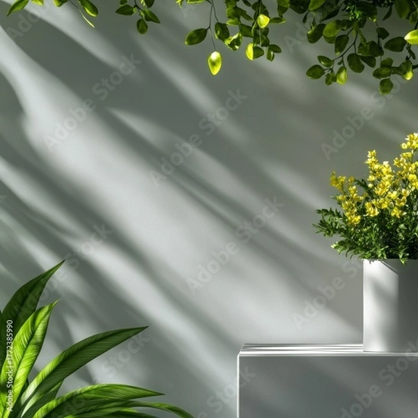 Obraz Modern minimalist backdrop with sunlit leaves and vibrant yellow flowers for product display, creating a calm and inviting atmosphere for branding