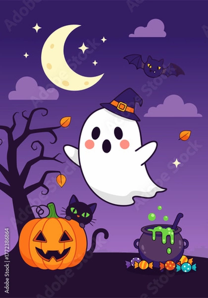 Obraz Cute Halloween Ghost with Pumpkin and Black Cat Illustration