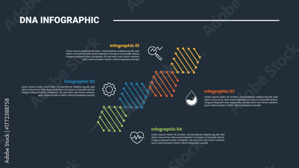 Fototapeta DNA science helix infographic process diagram with creative skew line direction with opposite description point with dark background bright outline style 4 points