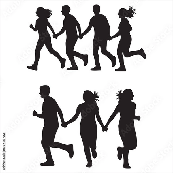 Obraz Silhouette of people running and holding hands set and bundle silhouette art vector design