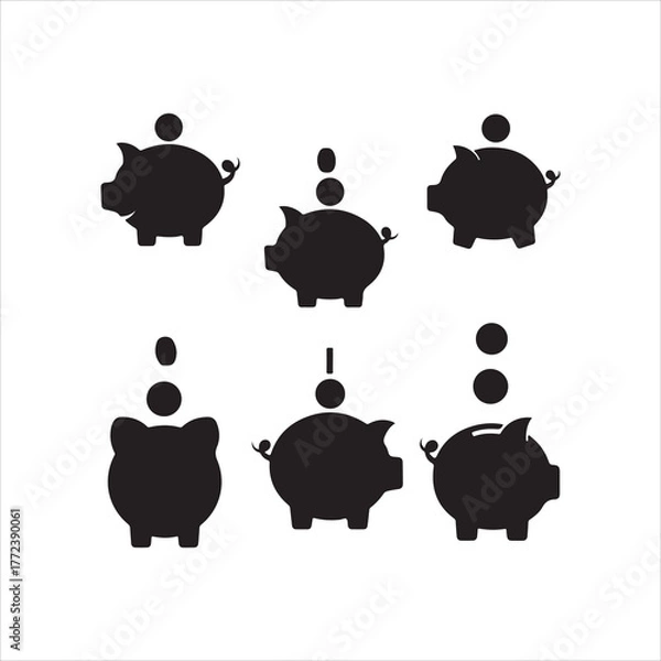 Obraz Six piggy banks with coins falling in, savings concept set and bundle silhouette art vector design